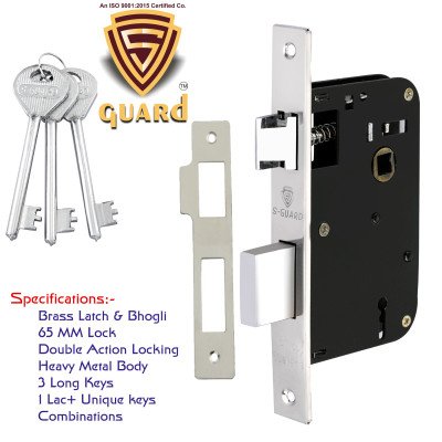 S-GUARD Iron Mortise Handle Lock for Main Door, Bedroom, Main Gate Heavy Duty-65MM Double Turn Lock