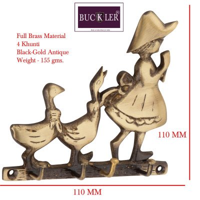 BUCKLER Doll & Duck Brass Gold Antique 4 Hooks Decorative,Premium for Wall|Living Room Brass Key Holder  (4 Hooks, God)