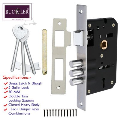 BUCKLER Iron Mortise Handle Lock for Main Door, Bedroom, Main Gate Heavy Duty-70MM Double Turn Lock-8 Inch-GANESHA