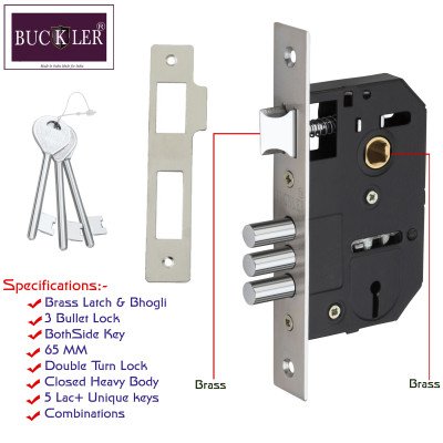 BUCKLER Iron Mortise Handle Lock for Main Door, Bedroom, Main Gate Heavy Duty-65MM Double Turn Lock-7 Inch-305-BS