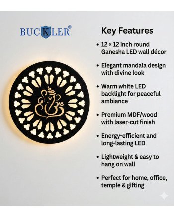 BUCKLER LED Ganpati Wall Light | Warm Backlit Ganesh Mandala Wall Decor | Spiritual LED Wall Art for Home, Temple & Living Room