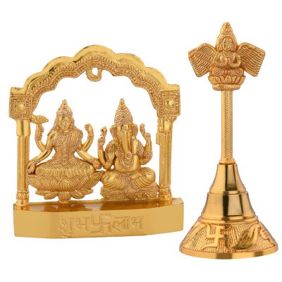 S-Guard Zinc Metal Laxmi-Ganesh Temple Murti with Nandi Bell Decorative Showpiece - 10 cm  (Metal, Gold) Combo-LGK