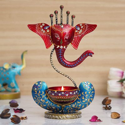 S-Guard Ganapati Tea Light Holder, Table Decor, Temple Decorative, Diwali Decorative Showpiece - 30 cm  (Iron, Red, Light Blue)