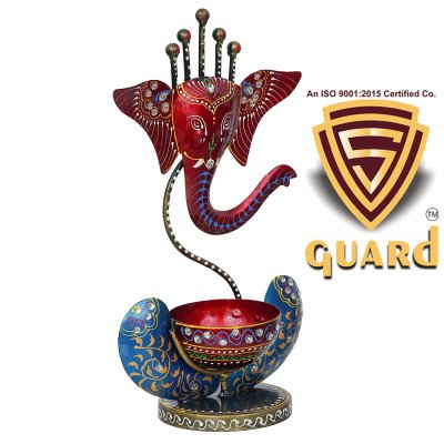 S-Guard Ganapati Tea Light Holder, Table Decor, Temple Decorative, Diwali Decorative Showpiece - 30 cm  (Iron, Red, Light Blue)