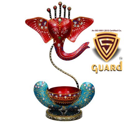 S-Guard Ganapati Tea Light Holder, Table Decor, Temple Decorative, Diwali Decorative Showpiece - 30 cm  (Iron, Red, Light Blue)