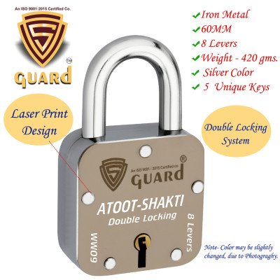 S-Guard Atoot Laser Printed Heavy Door Lock, Gate Lock-60MM-8 Levers, Double Locking 5 Key Padlock  (Silver, Gold, Brown)