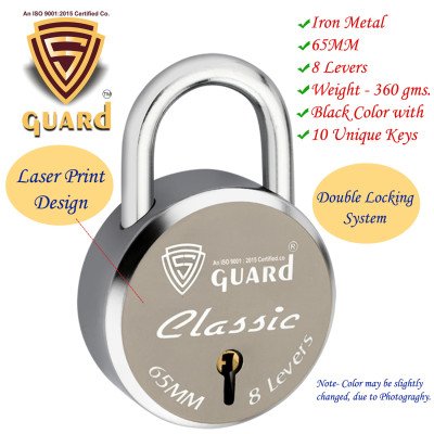 copy of S-Guard Atoot Laser Printed Heavy Door Lock, Gate Lock-60MM-8 Levers, Double Locking 5 Key Padlock  (Silver, Gold, Brown