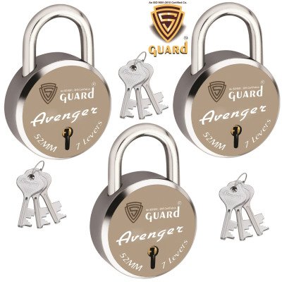 S-Guard Avenger Laser Printed Door Lock, Lock for Gate-52MM-7 Levers, Double Locking,  Pack of 3 Padlock  (Silver, Gold)