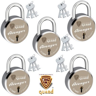 S-Guard Avenger Laser Printed Door Lock, Lock for Gate-52MM-7 Levers, Double Locking,  Pack of 5 Padlock  (Silver, Gold)