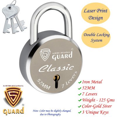 S-Guard Classic Laser Printed Door Lock, Lock for Gate-52MM-7 Levers, Double Locking,  Pack of 3 Padlock  (Silver, Gold)