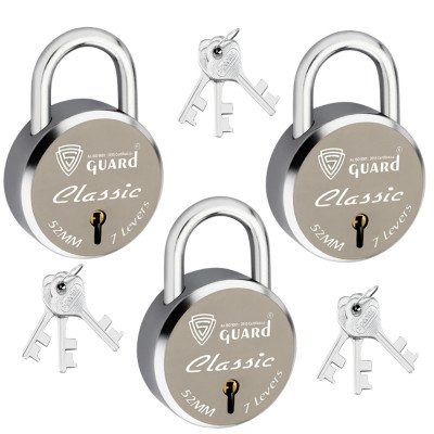 S-Guard Classic Laser Printed Door Lock, Lock for Gate-52MM-7 Levers, Double Locking,  Pack of 3 Padlock  (Silver, Gold)