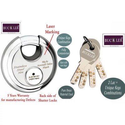 BUCKLER Stainless Steel Shutter,Main Gate,Office, Godown Lock,90MM-14 Pin with 8 Common Keys Locks- 2  (Silver, Gold)