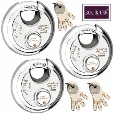 BUCKLER Stainless Steel Shutter,Main Gate,Office, Godown Lock,90MM-14 Pin with 4 unique Keys Locks- 3  (Silver, Gold)