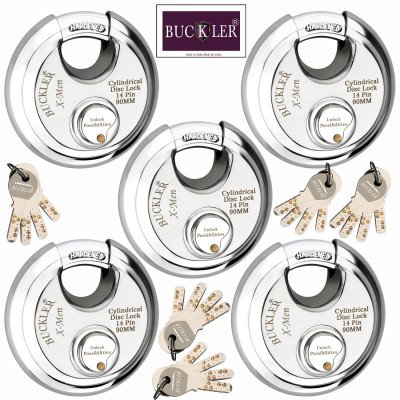 BUCKLER Stainless Steel Shutter,Main Gate,Office, Godown Lock,90MM-14 Pin with 4 unique Keys Locks- 5  (Silver, Gold)