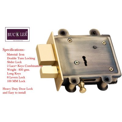 BUCKLER Iron Red Main Door Lock Set 100MM-8 Levers Double Turn,3 Keys, Heavy Duty Lock  (Gold Antique)