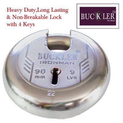 BUCKLER Iron-Steel 90MM, 9 Levers with 4 Keys,Go-Down,Main Gate,Main Door,Shutter Lock-1 Lock  (Silver)