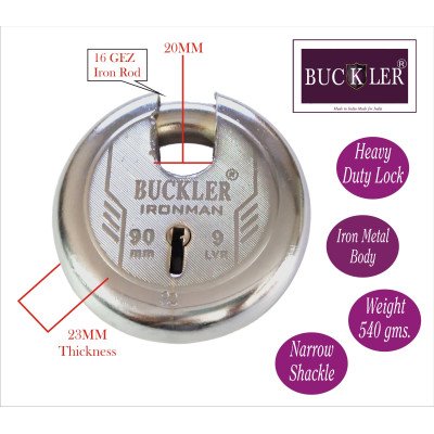 BUCKLER Iron-Steel 90MM, 9 Levers with 8 Common Keys,Go-Down,Main Gate,Main Door,Shutter Lock-1 Lock  (Silver-Ironman)