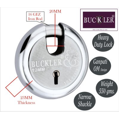 BUCKLER Iron-Steel 92MM, 10 Levers with 4 Keys,Go-Down,Main Gate,Main Door,Shutter Lock-1 Lock  (Silver-Ganesha)