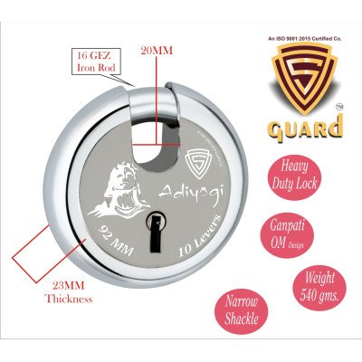 S-GUARD Adiyogi Iron-Steel 92MM,10 Lever-4 Keys Shutter lock for Shop,Godown,Store Gate-Door Lock  (Laser Print Design)